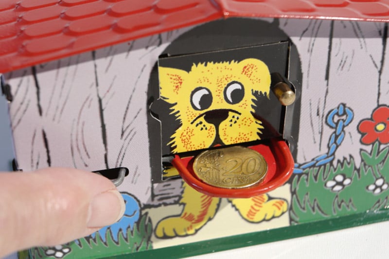 Tin toy piggy bank "Money Bank" (dog)" with mechanism
