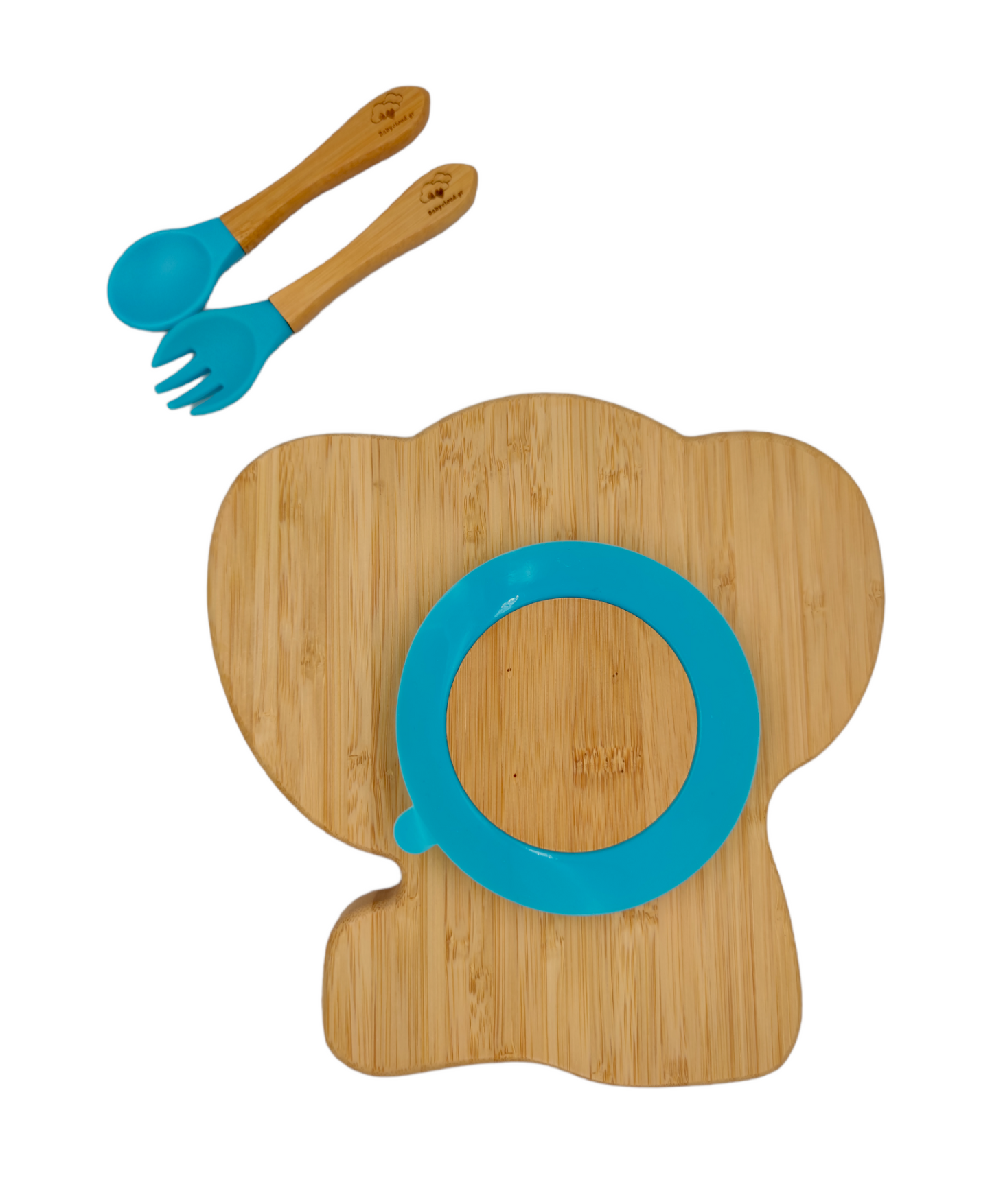 Πιάτο Φαγητού Bamboo με βεντούζα με κουτάλι/πιρούνι – Ελεφαντάκι Μπλε