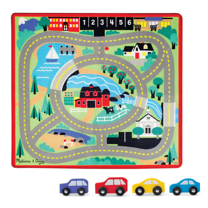 Melissa & Doug Children's Activity Rug and Wooden Cars Round the Town Road Set