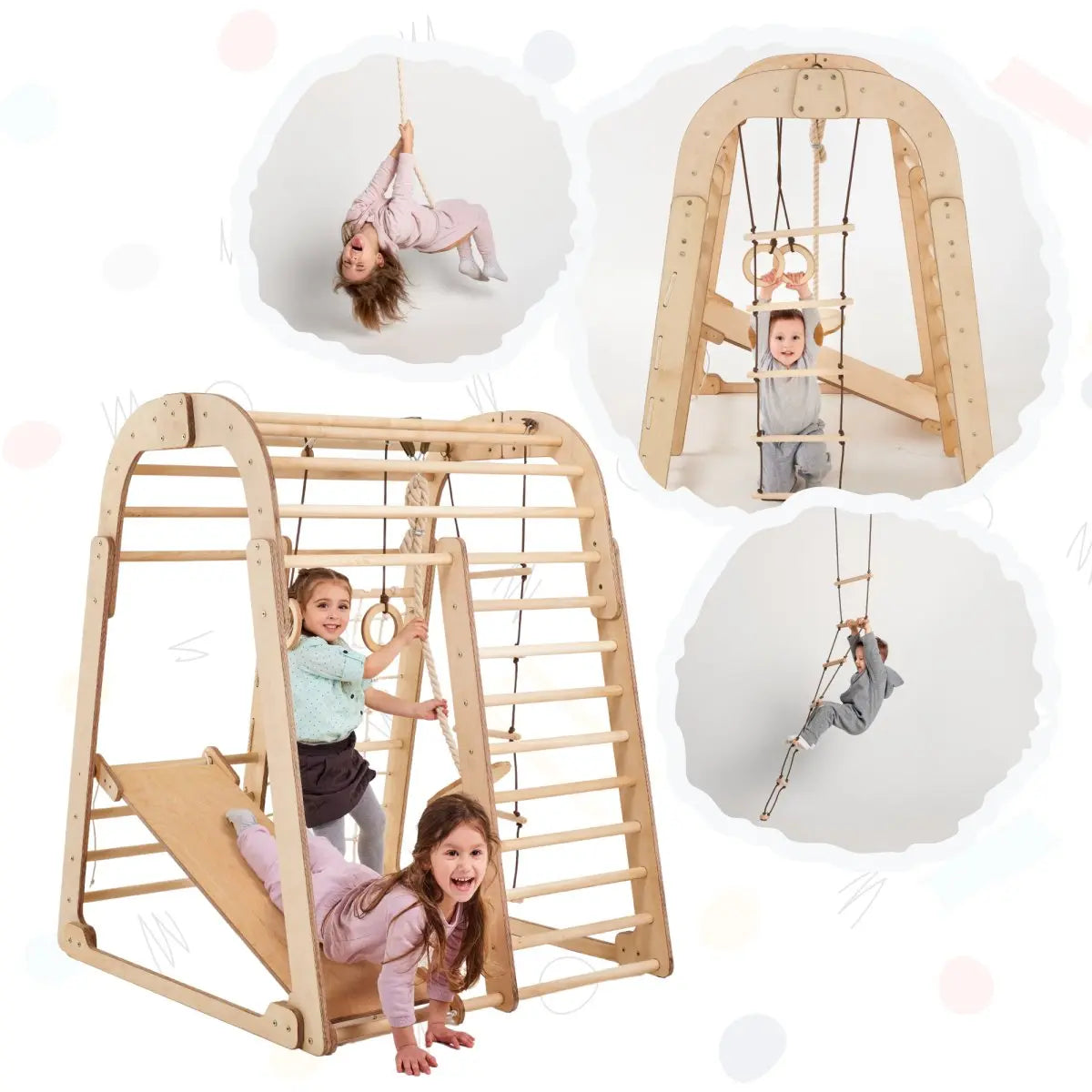 Indoor-Holzspielplatz Für Kinder - 6in1 Spielplatz + Schaukel-Set + Rutschbrett