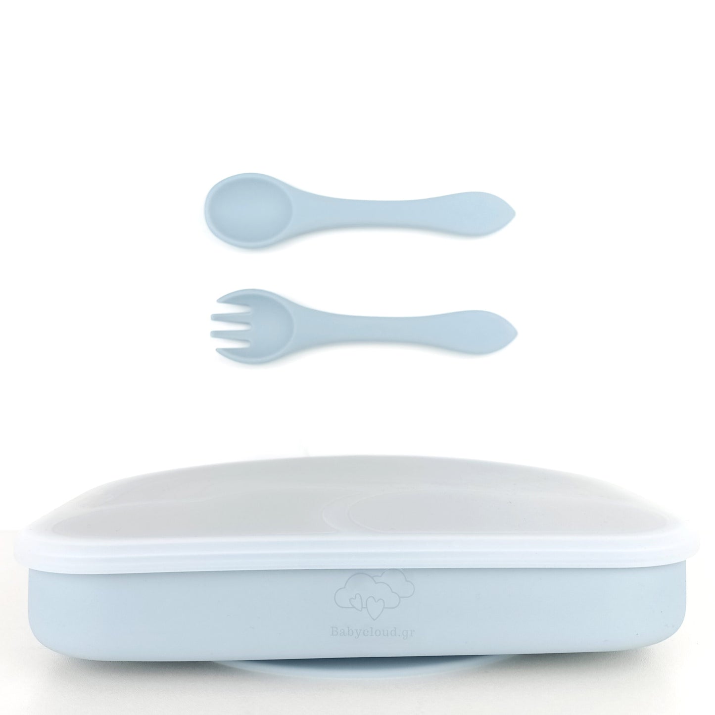 Πιάτο σιλικόνης με βεντούζα Γαλάζιο - Με Κουτάλι/Πιρούνι & Καπάκι – Ουράνιο Τόξο