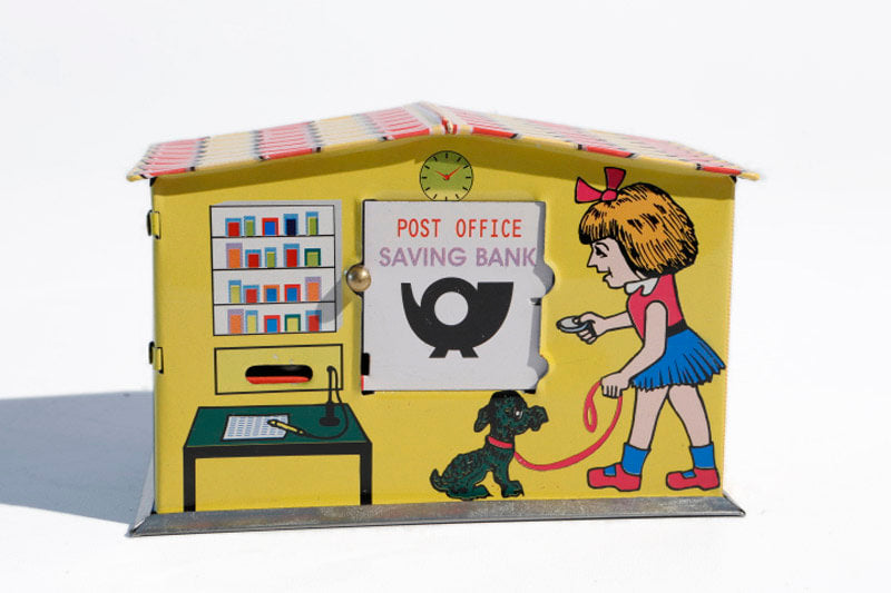 Tin toy "Post Office Bank" piggy bank with mechanism