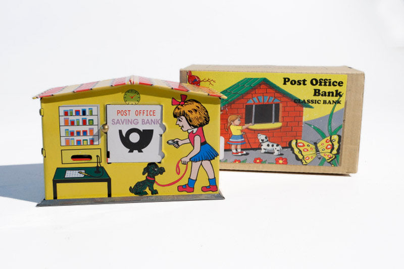 Tin toy "Post Office Bank" piggy bank with mechanism