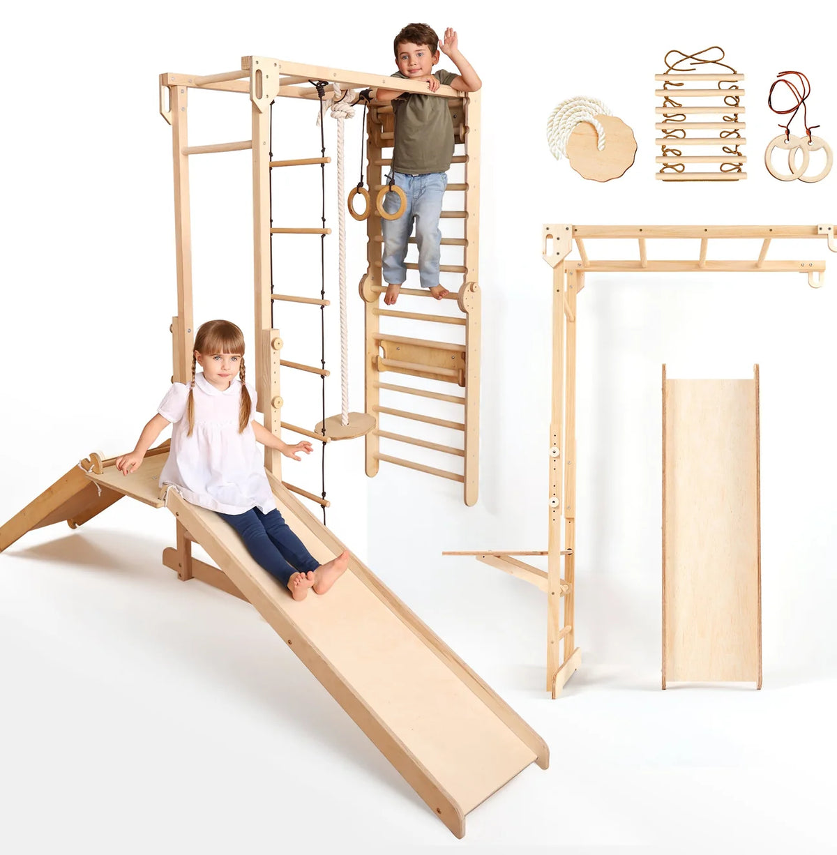 Σετ παιχνιδιού ζούγκλας Jungle Play Set 7 σε 1 για παιδιά: Σουηδικοί τοίχοι + γέφυρα αναρρίχησης + Σετ κούνιας + Σανίδα ολίσθησης + Ράμπα