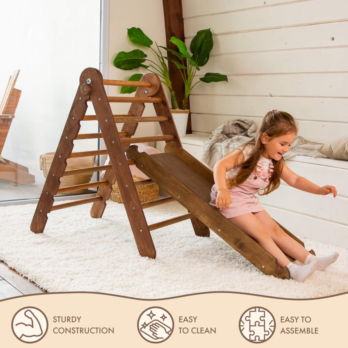 2in1 Montessori Climbing Set: Triangular Ladder + Slide / Ramp - Chocolate Color 