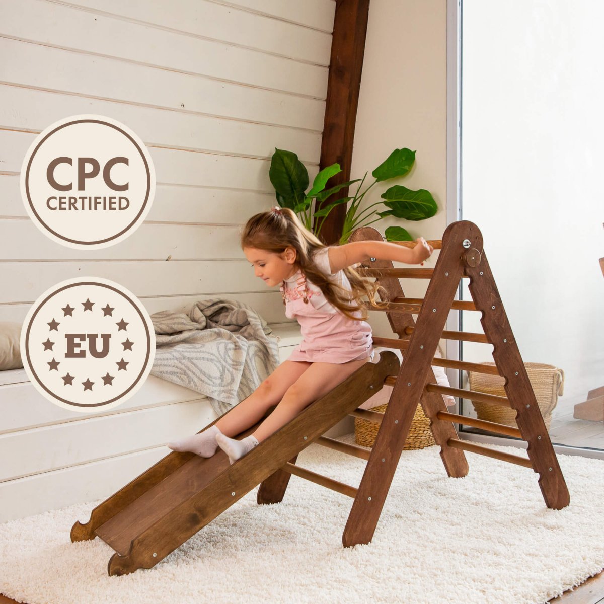 2in1 Montessori Climbing Set: Triangular Ladder + Slide / Ramp - Chocolate Color 