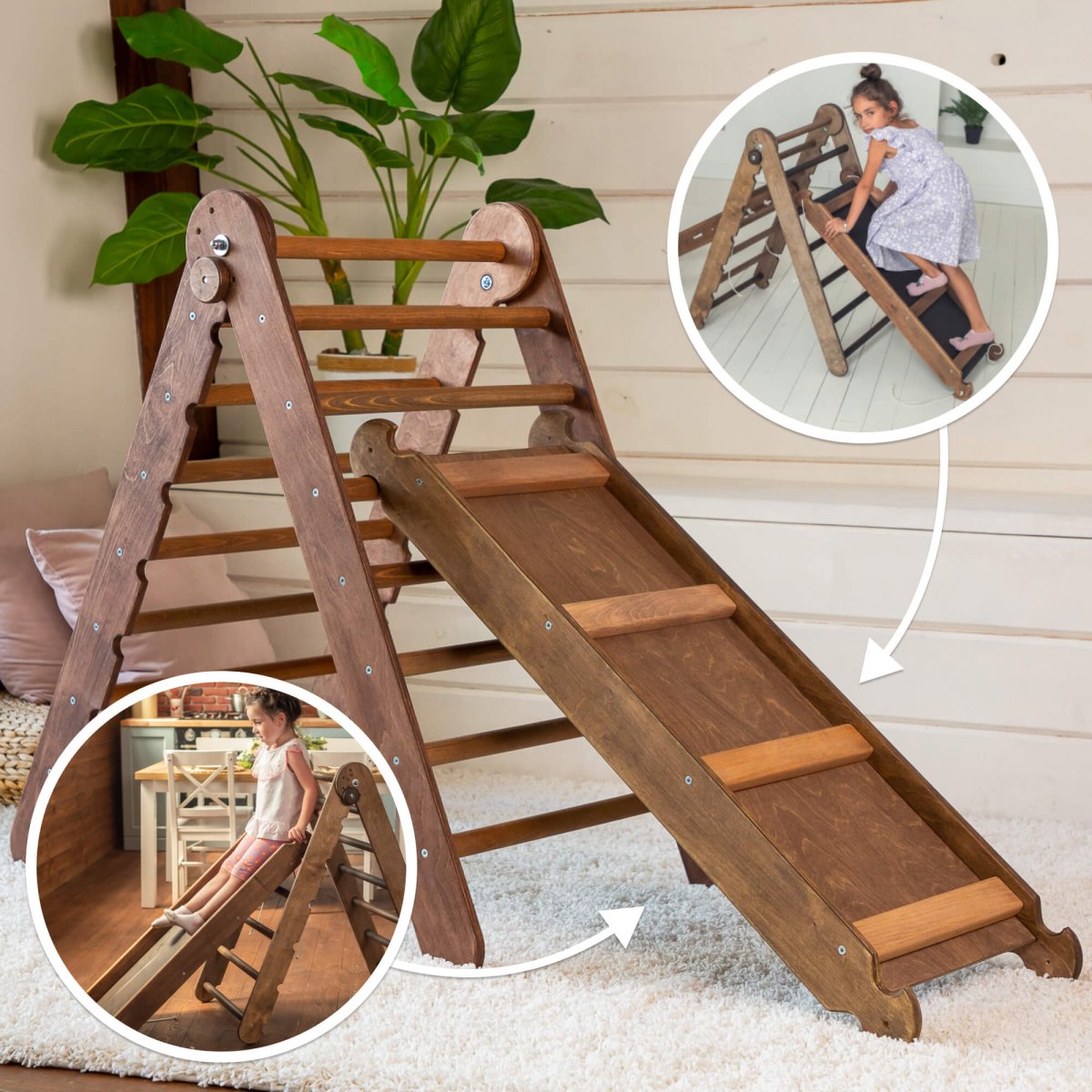 2in1 Montessori Climbing Set: Triangular Ladder + Slide / Ramp - Chocolate Color 