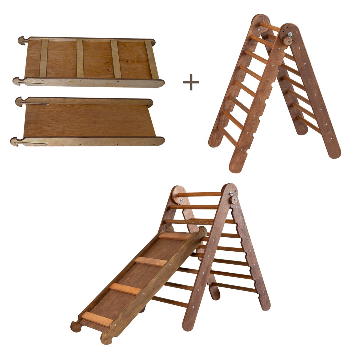 2in1 Montessori Climbing Set: Triangular Ladder + Slide / Ramp - Chocolate Color 