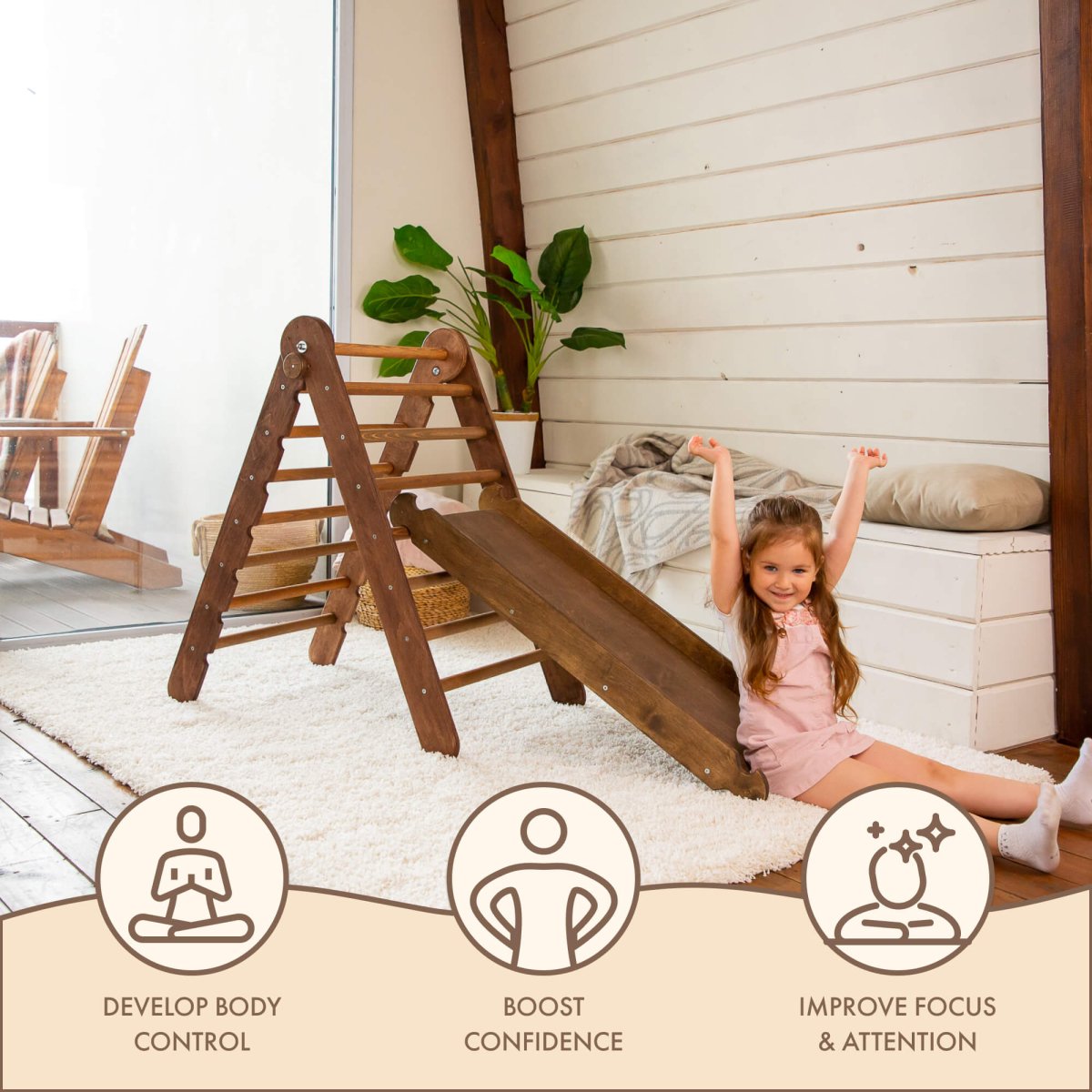 2in1 Montessori Climbing Set: Triangular Ladder + Slide / Ramp - Chocolate Color 