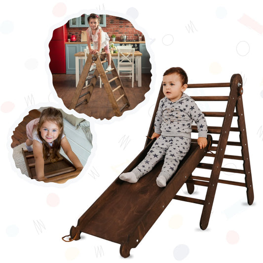 2in1 Montessori Climbing Set: Triangular Ladder + Slide / Ramp - Chocolate Color 