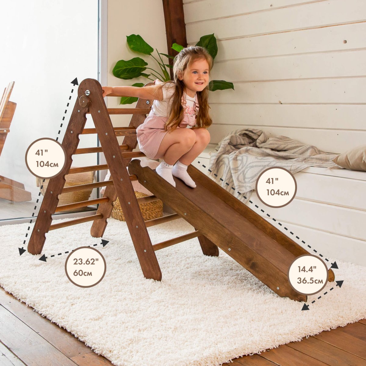 2in1 Montessori Climbing Set: Triangular Ladder + Slide / Ramp - Chocolate Color 