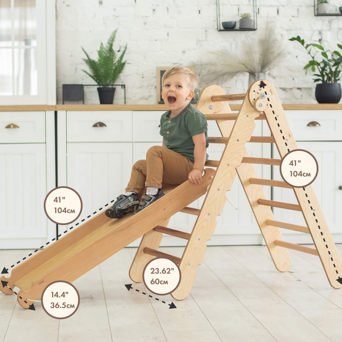 Montessori 2 in 1 Climbing Set: Triangle Ladder + Slide / Ramp – Beige