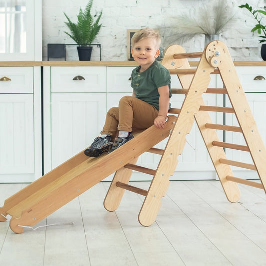 Montessori 2 in 1 Climbing Set: Triangle Ladder + Slide / Ramp – Beige