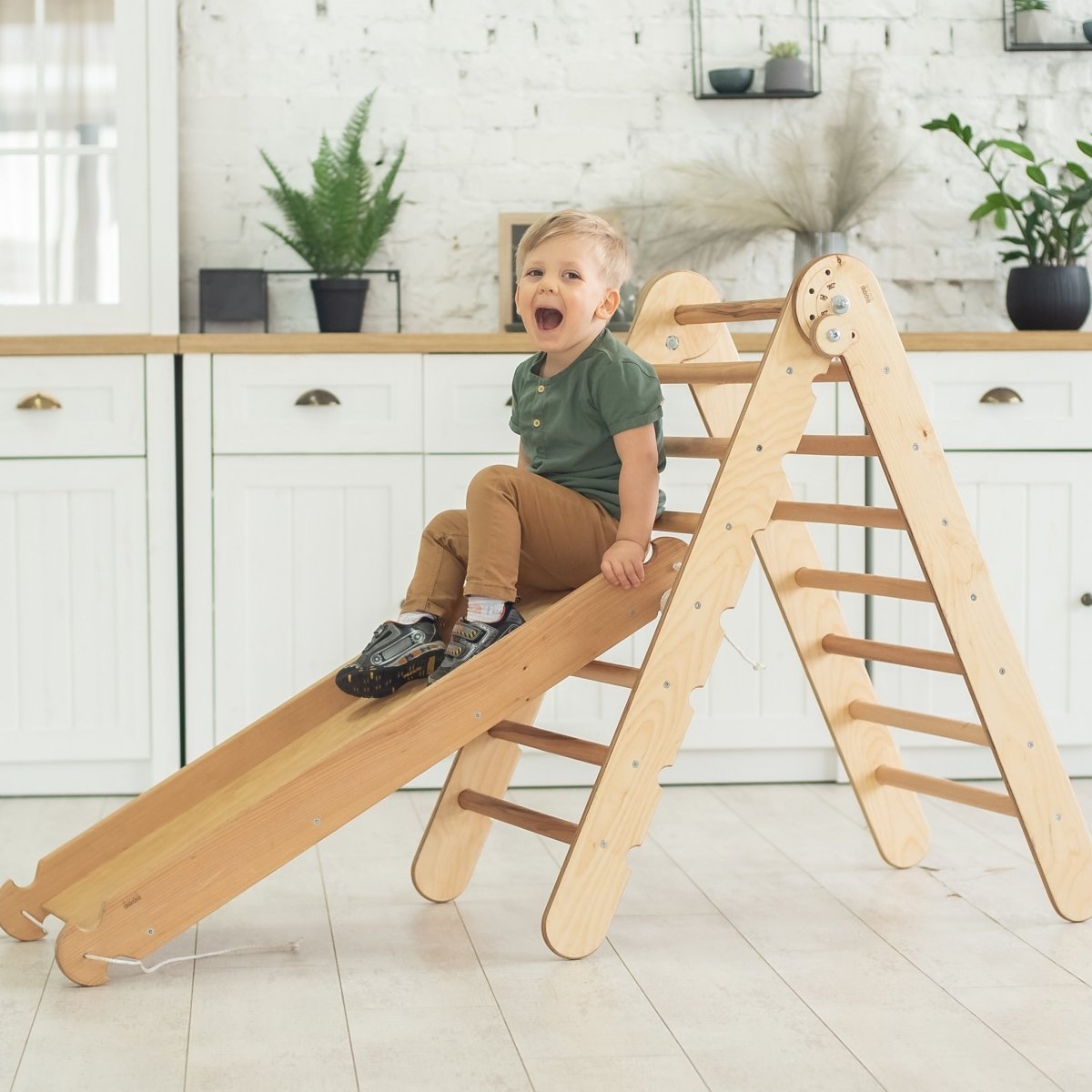 Montessori 2 in 1 Climbing Set: Triangle Ladder + Slide / Ramp – Beige