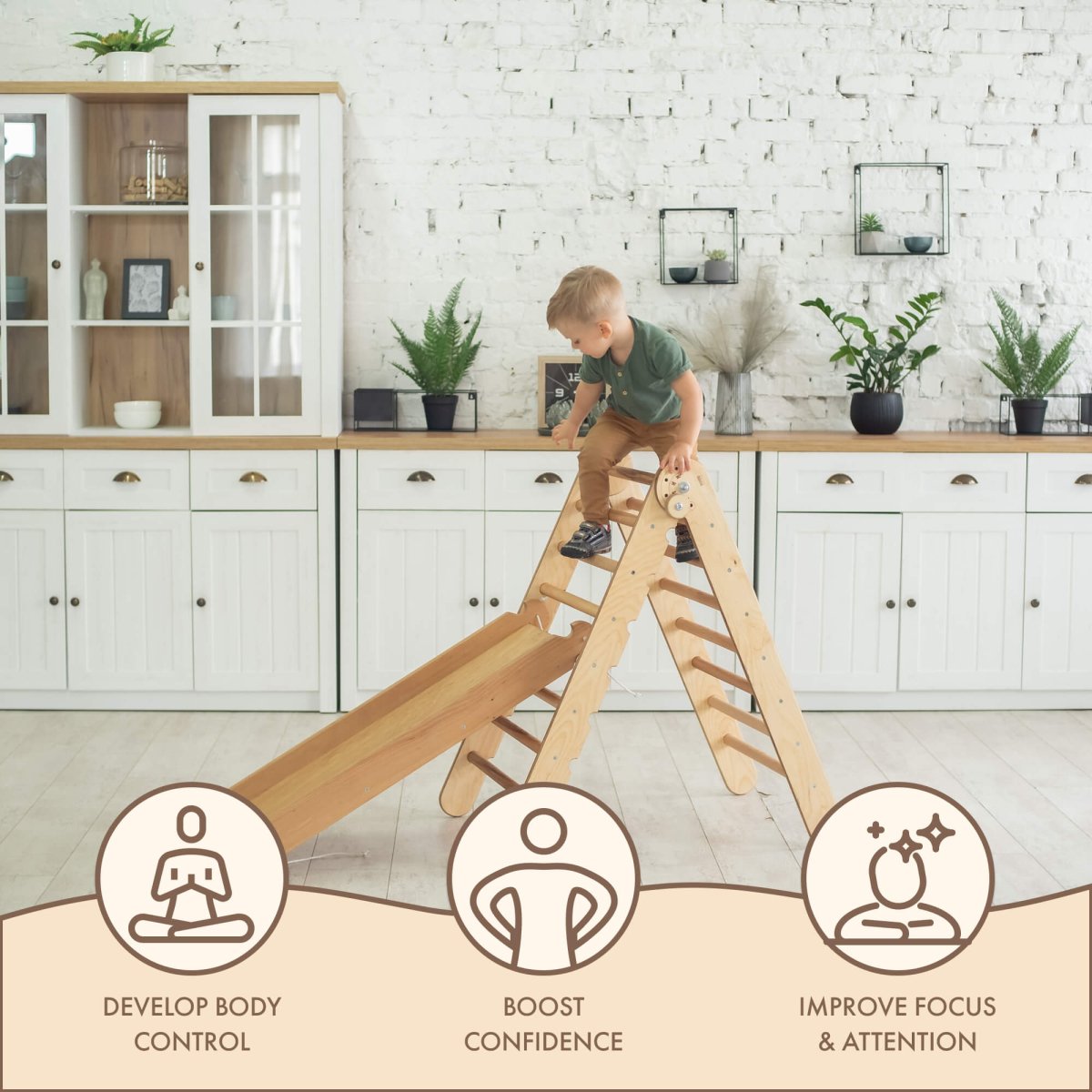 Montessori 2 in 1 Climbing Set: Triangle Ladder + Slide / Ramp – Beige