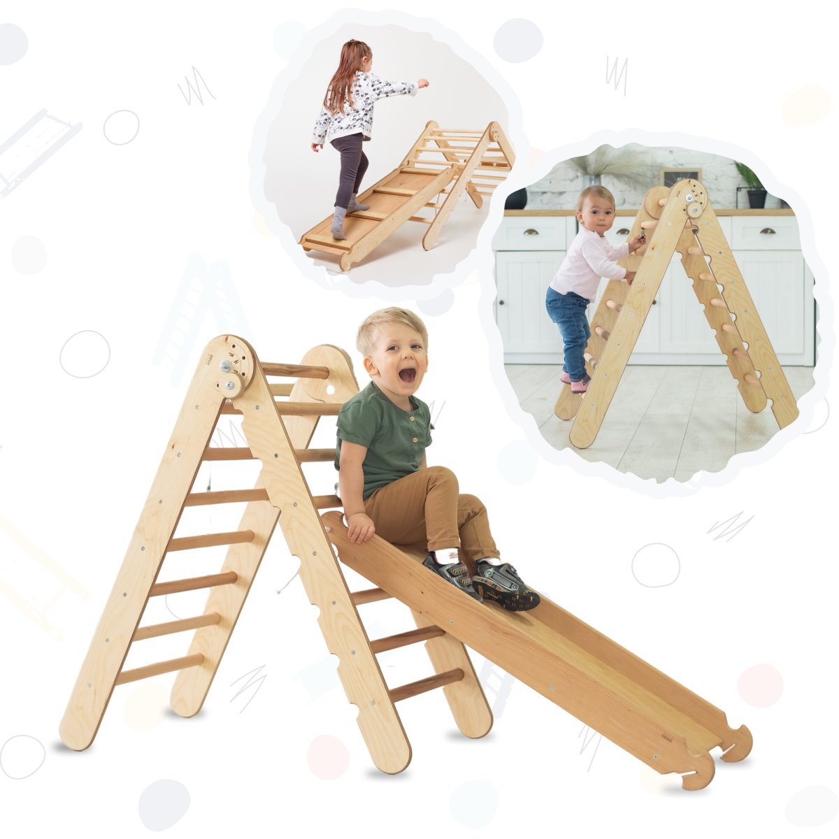 Montessori 2 in 1 Climbing Set: Triangle Ladder + Slide / Ramp – Beige