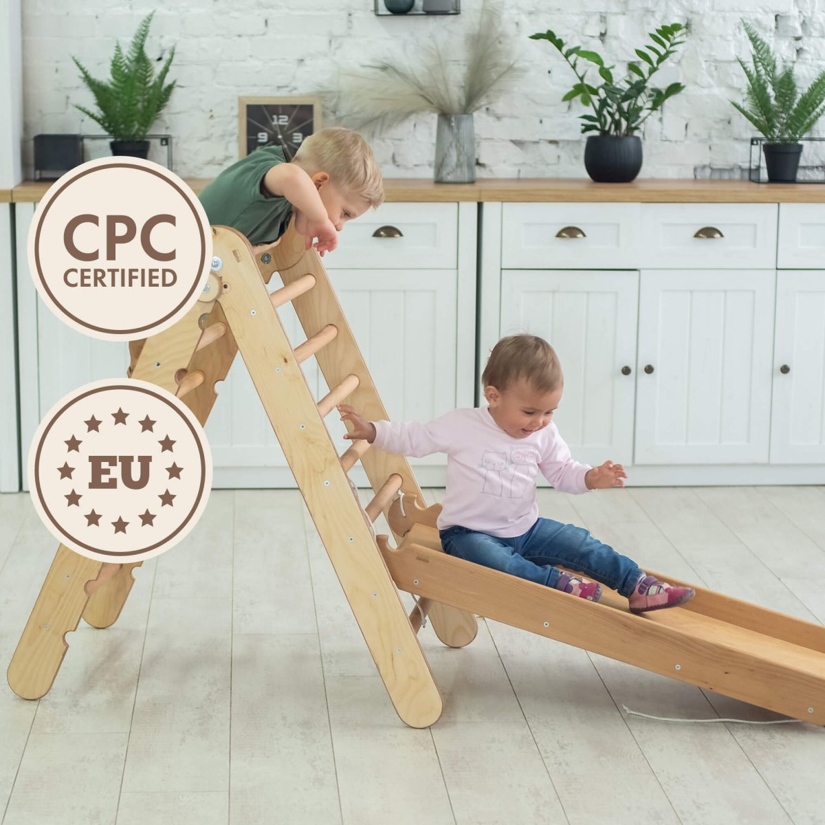 Montessori 2 in 1 Climbing Set: Triangle Ladder + Slide / Ramp – Beige