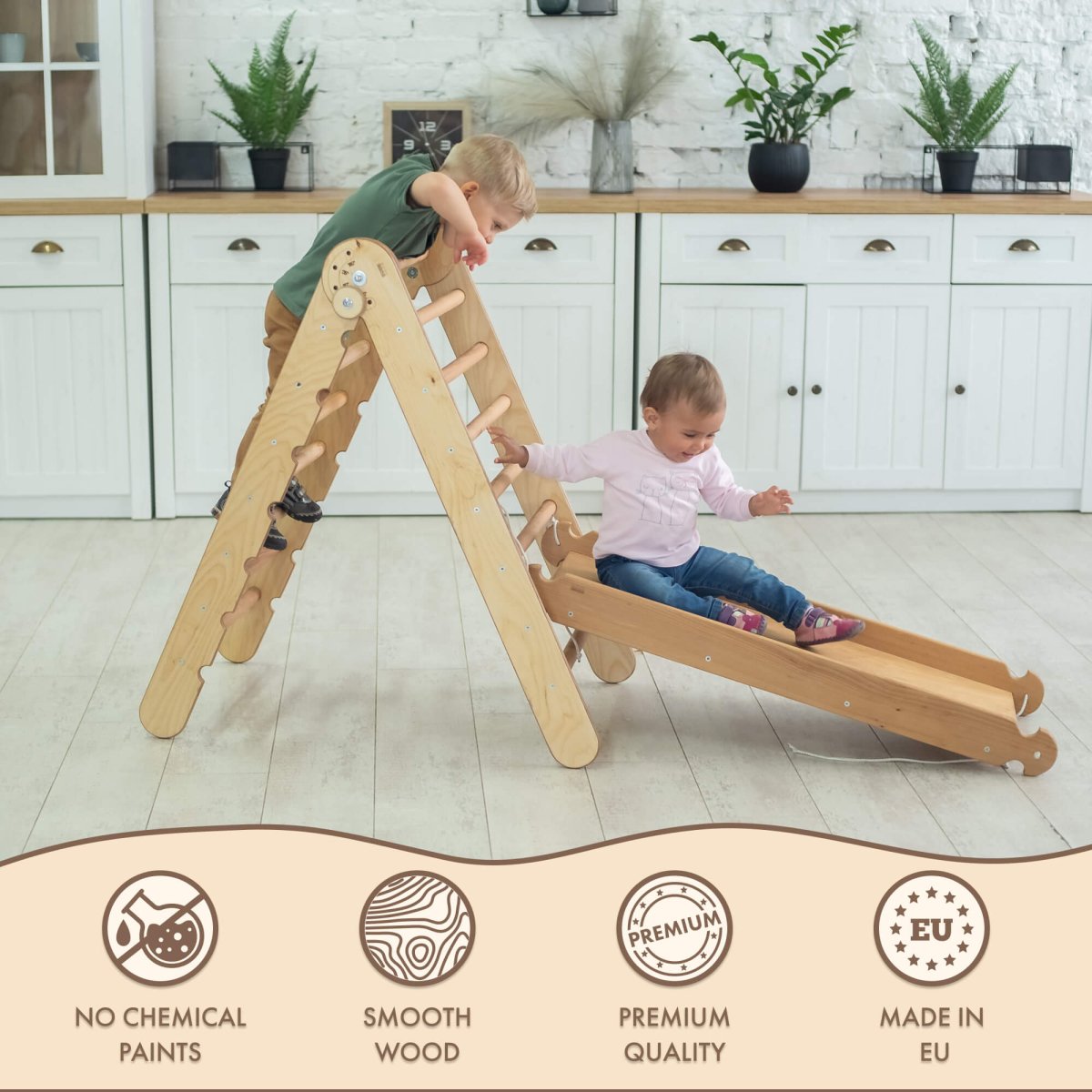 Montessori 2 in 1 Climbing Set: Triangle Ladder + Slide / Ramp – Beige