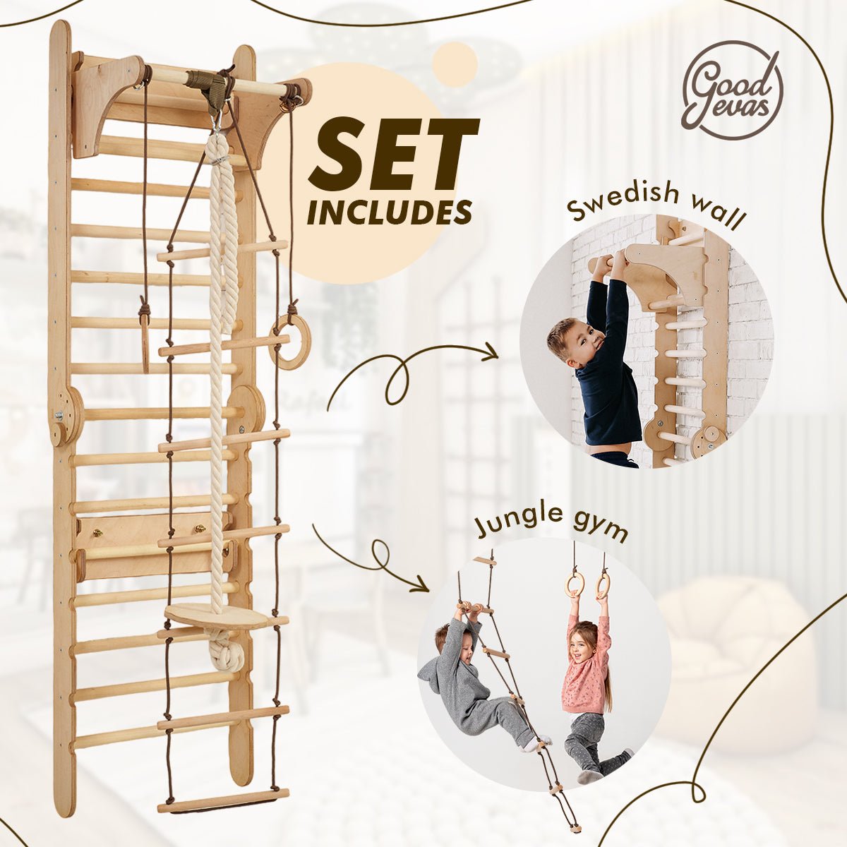 Montessori 2 in 1 Wooden Swedish Wall/ Children's Climbing Ladder + Crib Set