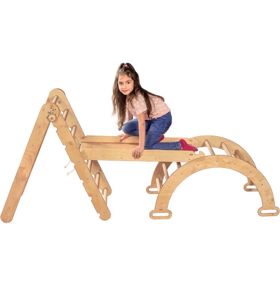 Montessori 3-in-1 Climbing Set: Triangle Ladder + Wooden Bridge + Slide/Climbing Ramp 