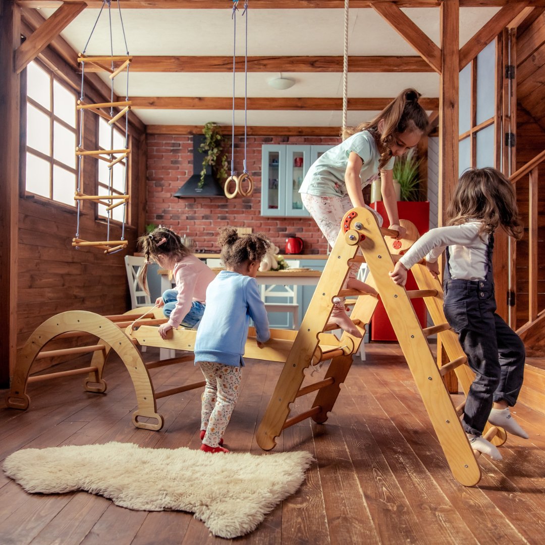 Montessori 3-in-1 Climbing Set: Triangle Ladder + Wooden Bridge + Slide/Climbing Ramp 