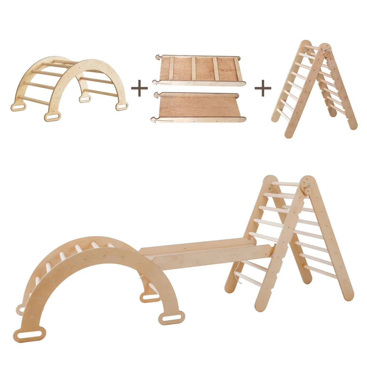 Montessori 3-in-1 Climbing Set: Triangle Ladder + Wooden Bridge + Slide/Climbing Ramp 