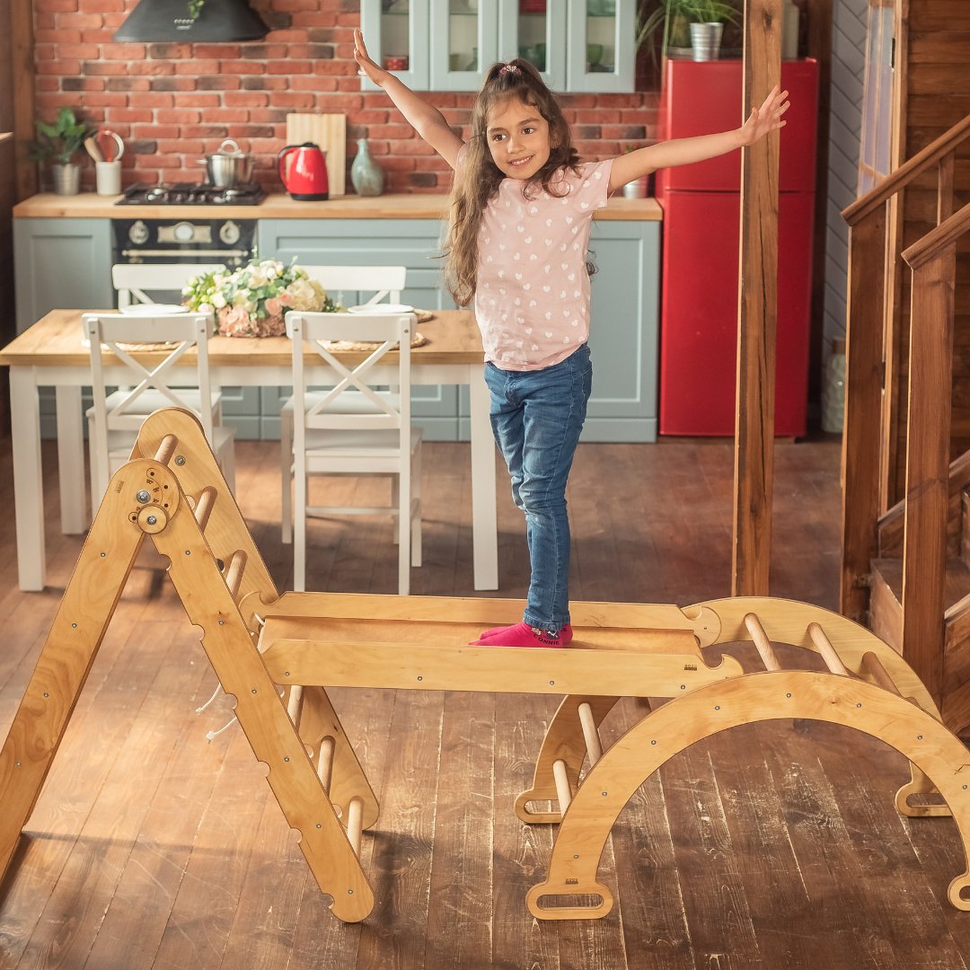 Montessori 3-in-1 Climbing Set: Triangle Ladder + Wooden Bridge + Slide/Climbing Ramp 