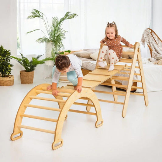 Montessori 3-in-1 Climbing Set: Triangle Ladder + Wooden Bridge + Slide/Climbing Ramp