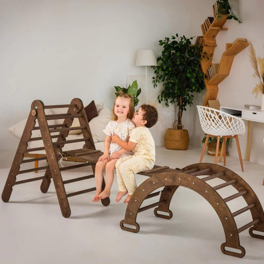 Montessori 3 in 1 Climbing Set: Triangle Ladder + Wooden Bridge + Slide/Climbing Ramp - Chocolate Color