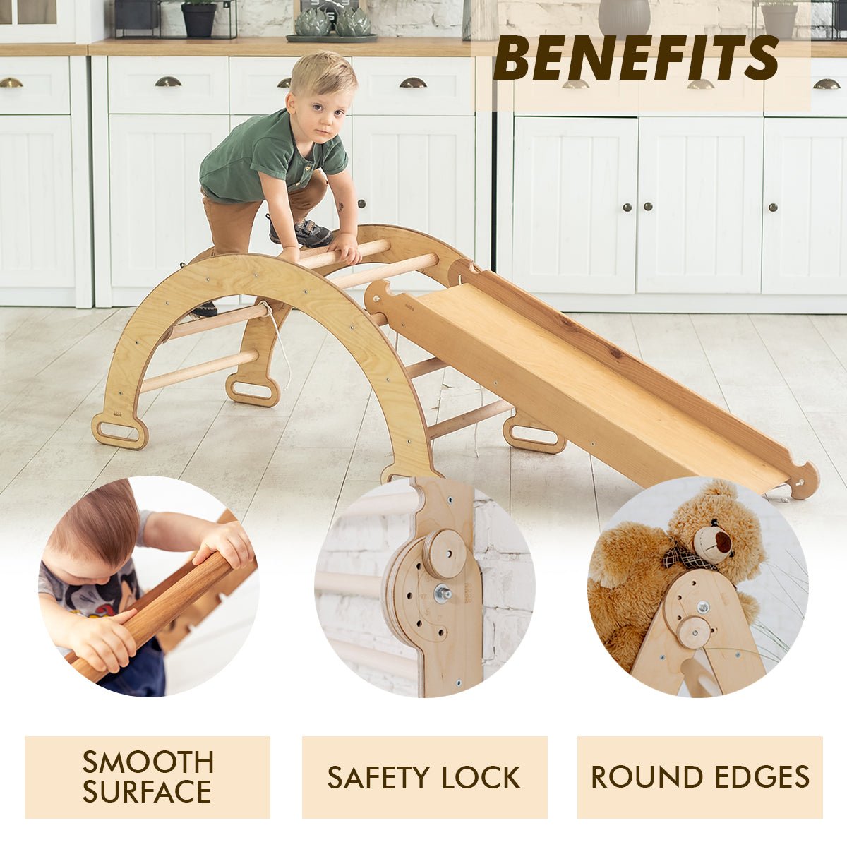 3 in 1 Montessori Climbing Set: Climbing Bridge/Shaking Nest +Beige Cushion +Slide/Climbing Ramp