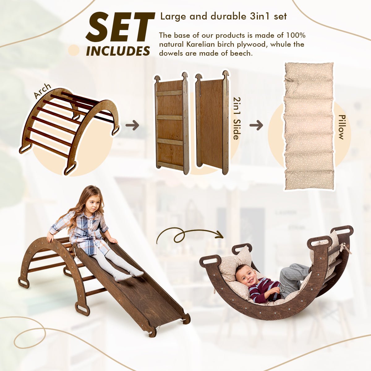 3 in1 Montessori Climbing Set: Climbing Bridge/Shaking Nest +Pillow+ Slide/Climbing Ramp - Chocolate Color