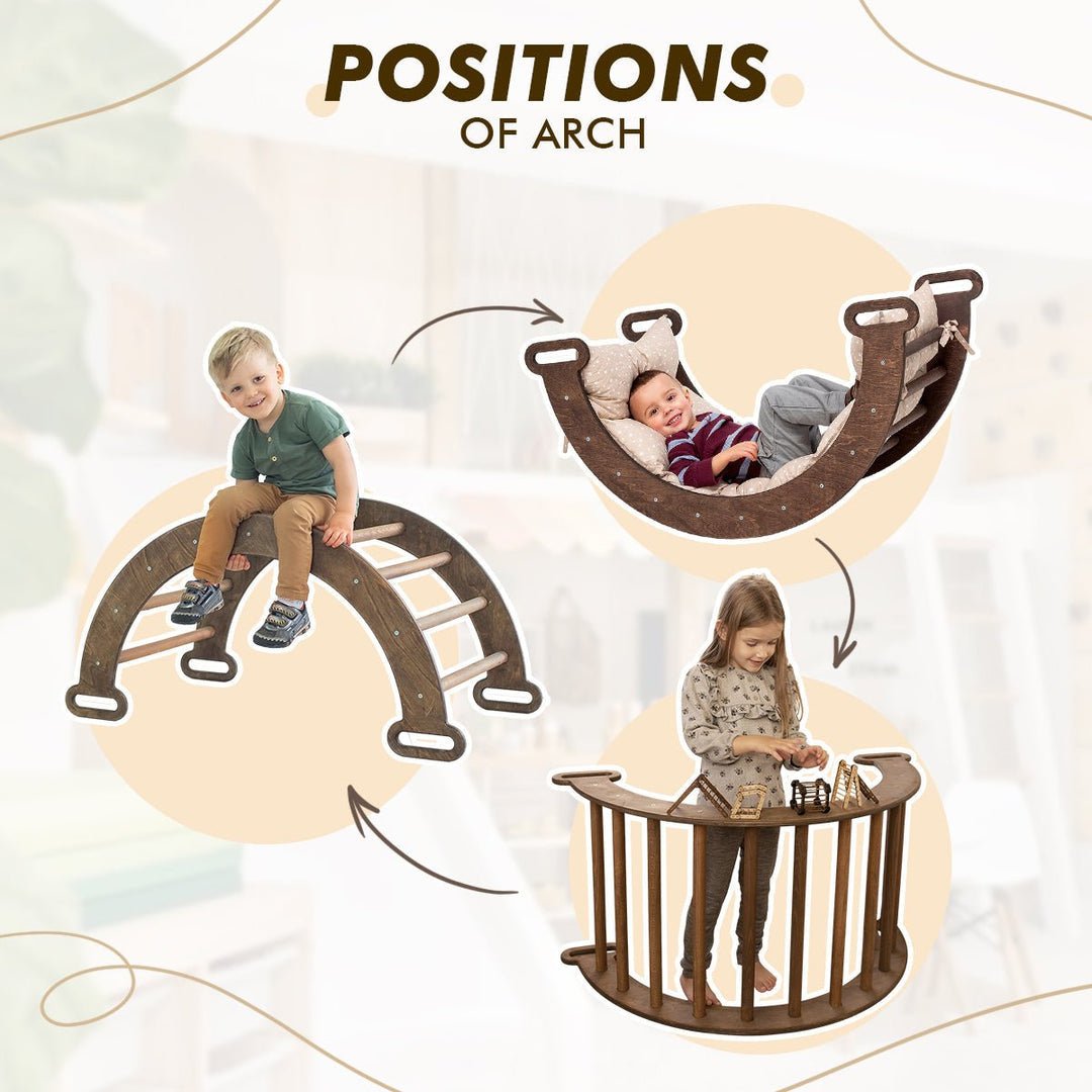 3 in1 Montessori Climbing Set: Climbing Bridge/Shaking Nest +Pillow+ Slide/Climbing Ramp - Chocolate Color