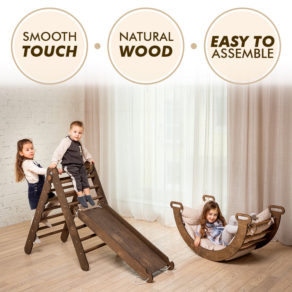 3 in1 Montessori Climbing Set: Climbing Bridge/Shaking Nest +Pillow+ Slide/Climbing Ramp - Chocolate Color