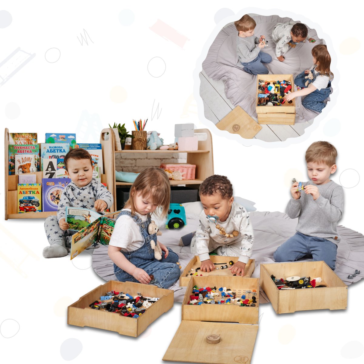 Σετ Ράφια Montessori 3in1: Βιβλιοθήκη + Ράφι παιχνιδιών + Διαλογέας Lego σετ 3 τεμάχια