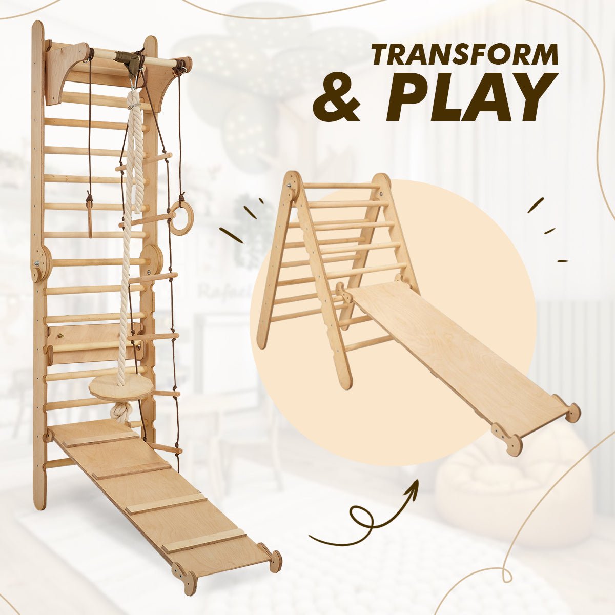 Montessori 3-in-1 Wooden Swedish Wall / Climbing Ladder-Single Balance + Swing Set + Slide Board/Ramp 