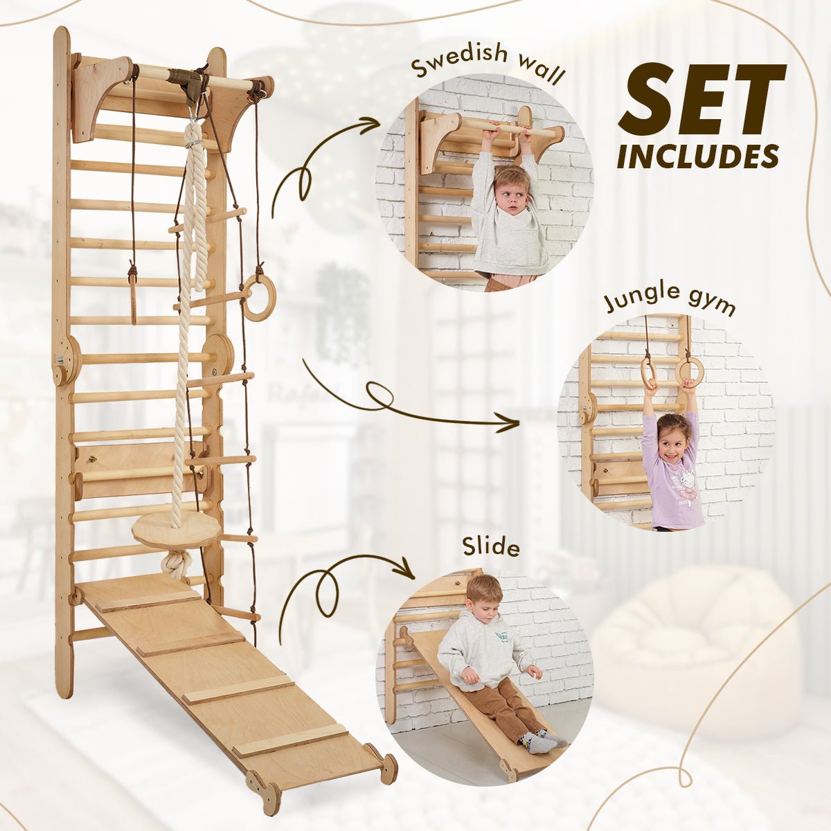 Montessori 3-in-1 Wooden Swedish Wall / Climbing Ladder-Single Balance + Swing Set + Slide Board/Ramp 