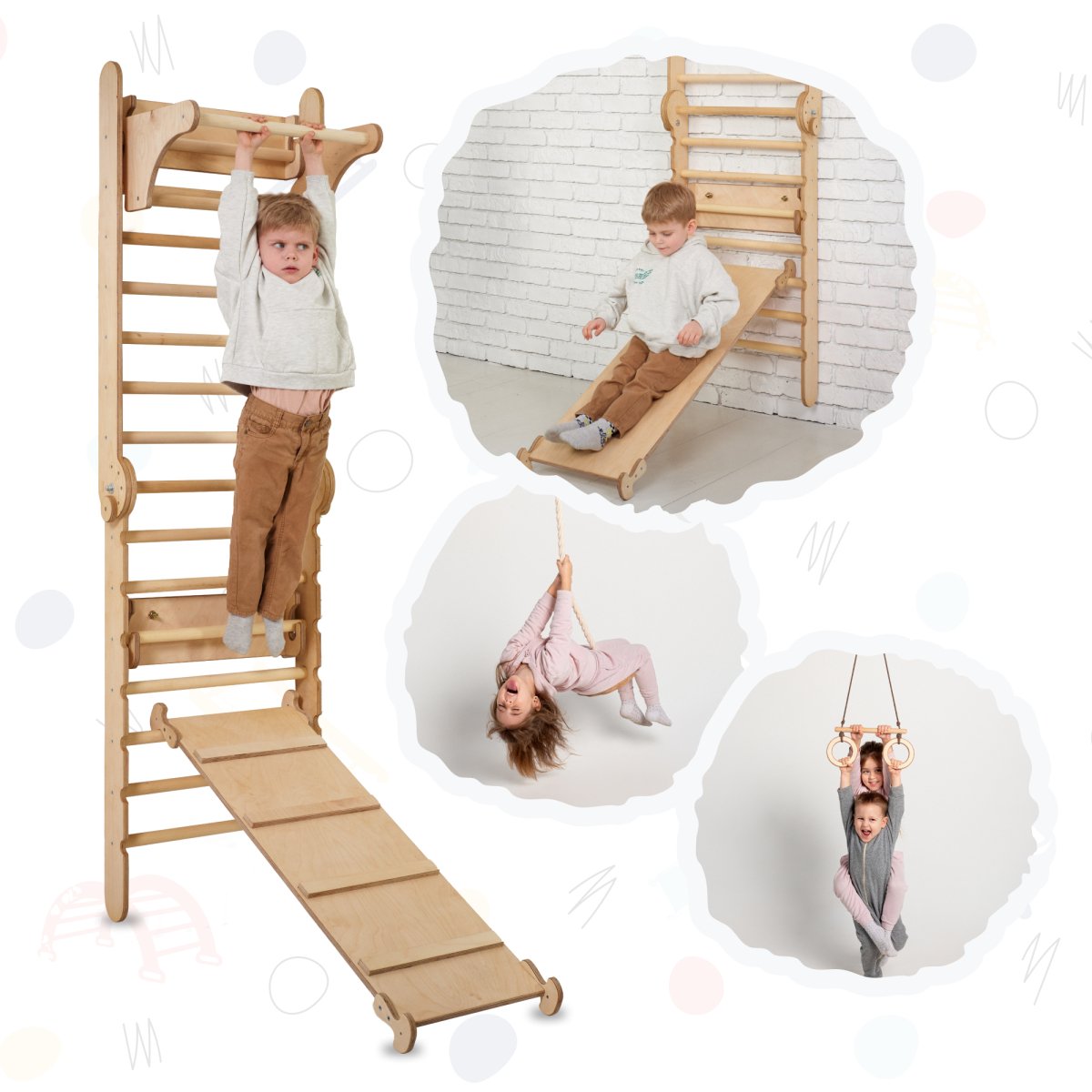 Montessori 3-in-1 Wooden Swedish Wall / Climbing Ladder-Single Balance + Swing Set + Slide Board/Ramp 