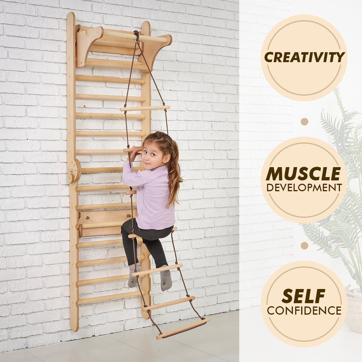 Montessori 3-in-1 Wooden Swedish Wall / Climbing Ladder-Single Balance + Swing Set + Slide Board/Ramp 