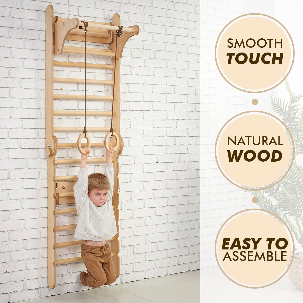 Montessori 3-in-1 Wooden Swedish Wall / Climbing Ladder-Single Balance + Swing Set + Slide Board/Ramp 