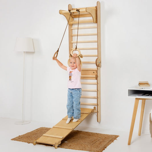 Montessori 3-in-1 Wooden Swedish Wall / Climbing Ladder-Single Balance + Swing Set + Slide Board/Ramp 