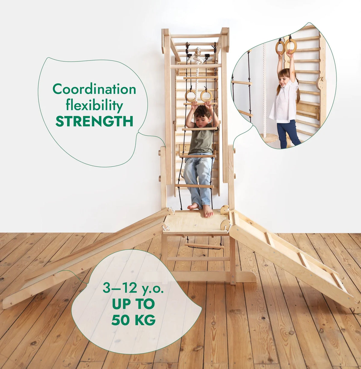 Σετ παιχνιδιού ζούγκλας Jungle Play Set 7 σε 1 για παιδιά: Σουηδικοί τοίχοι + γέφυρα αναρρίχησης + Σετ κούνιας + Σανίδα ολίσθησης + Ράμπα