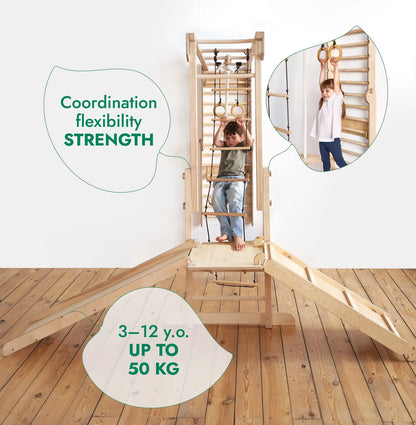 Σετ παιχνιδιού ζούγκλας Jungle Play Set 7 σε 1 για παιδιά: Σουηδικοί τοίχοι + γέφυρα αναρρίχησης + Σετ κούνιας + Σανίδα ολίσθησης + Ράμπα