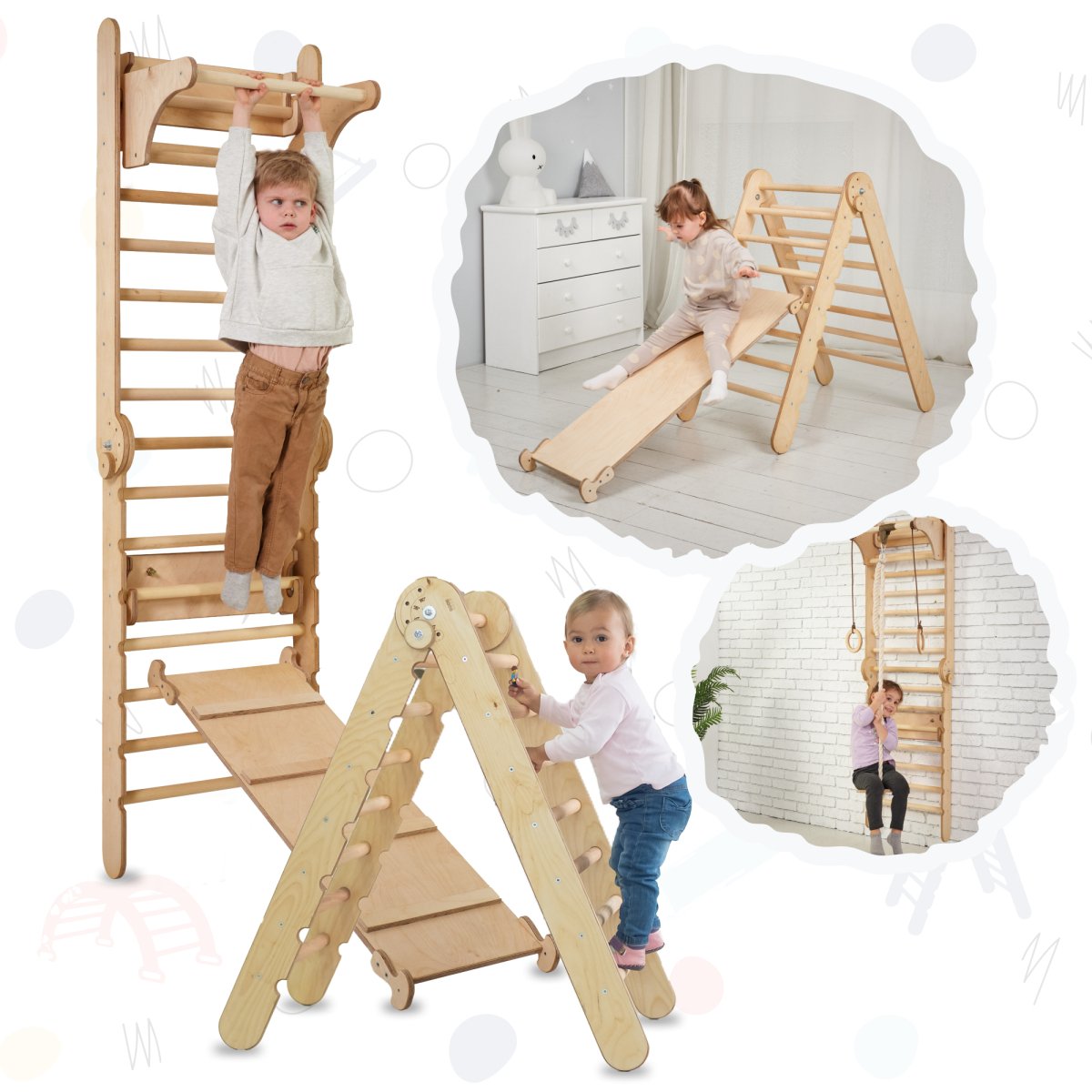 Climbing Set: 4 in 1 Wooden Swedish Wall + Swing Set + Triangle Ladder + Slide/Ramp