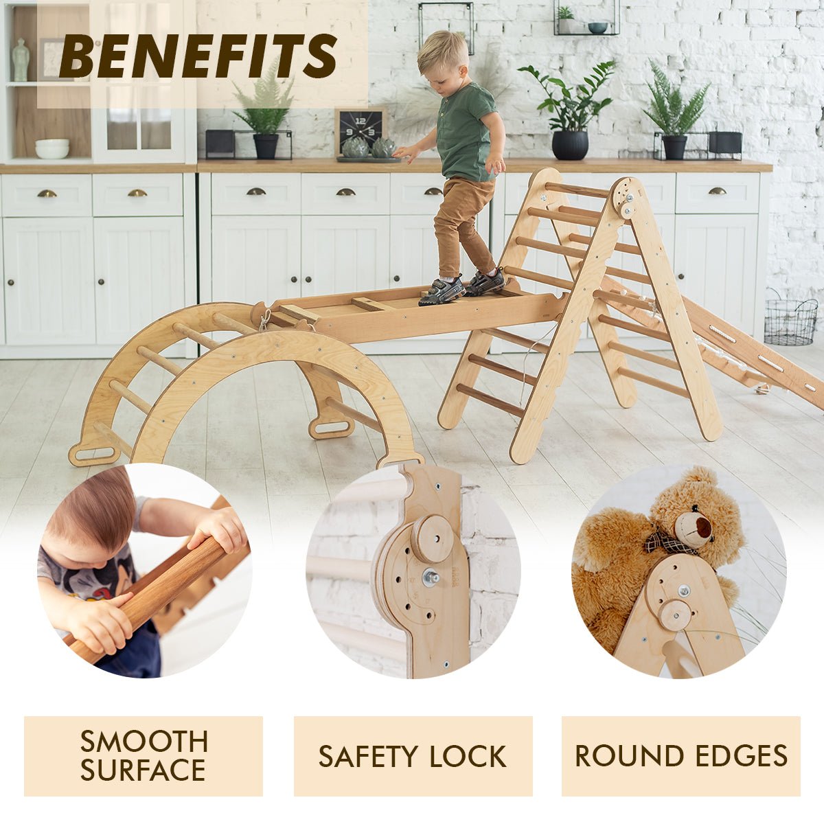 Montessori 4 in 1 Climbing Set: Triangle Ladder + Bridge/Shaking Nest + Slide/Ramp + Climbing Net