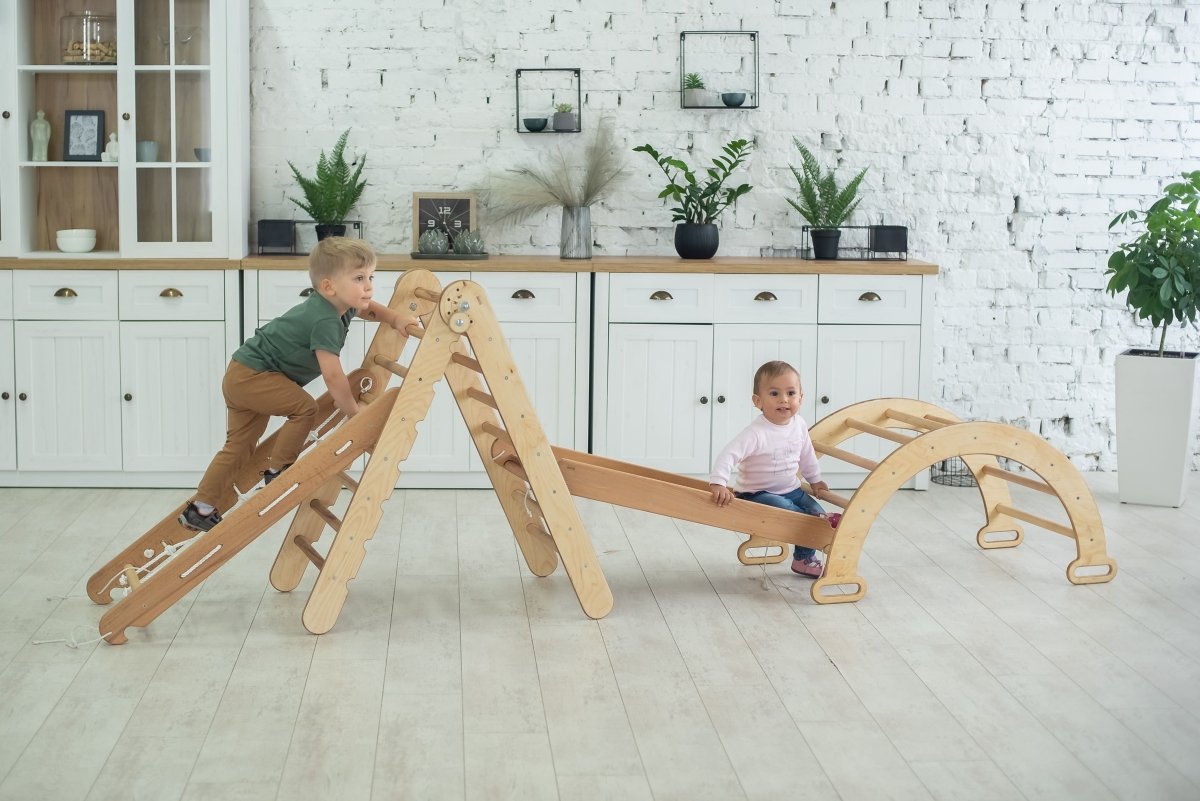 Montessori 4 in 1 Climbing Set: Triangle Ladder + Bridge/Shaking Nest + Slide/Ramp + Climbing Net