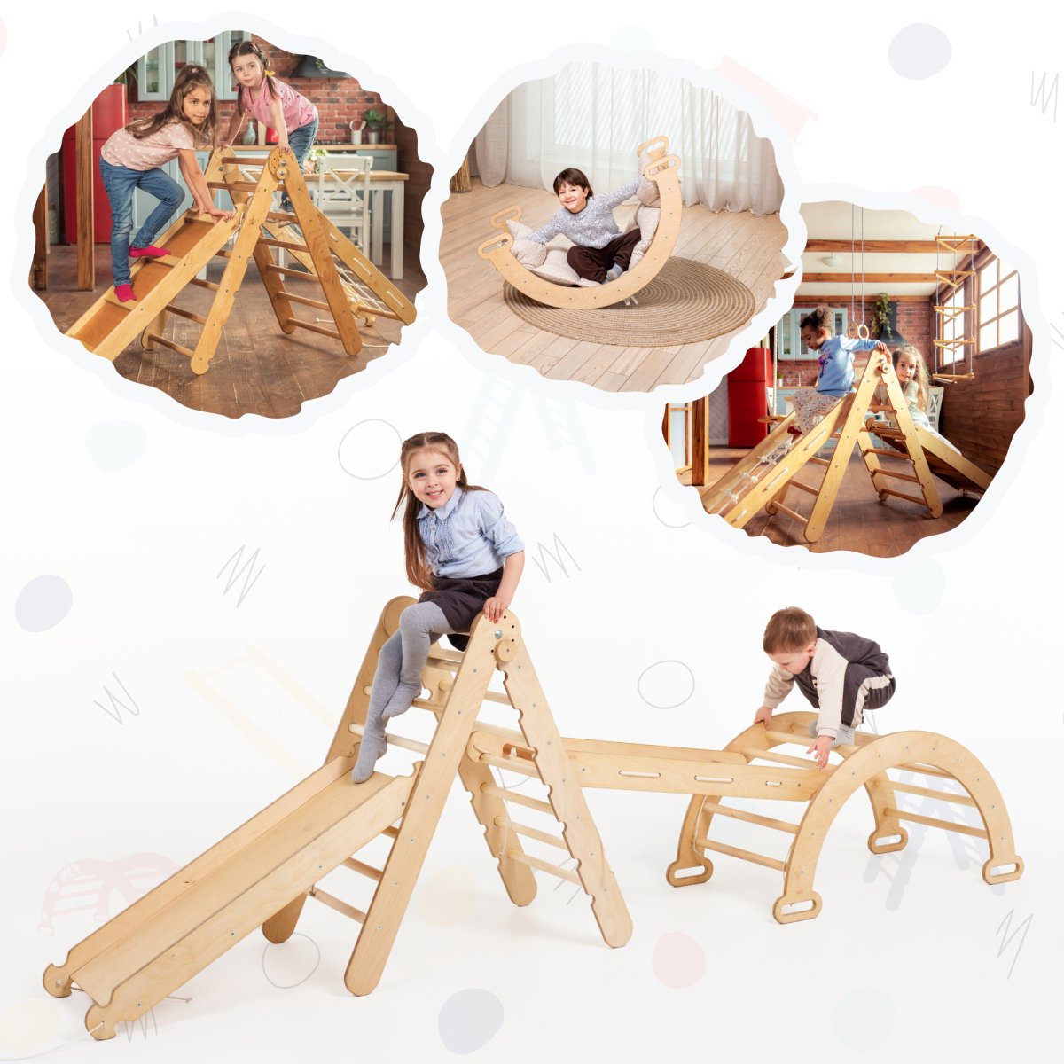 Montessori 4 in 1 Climbing Set: Triangle Ladder + Bridge/Shaking Nest + Slide/Ramp + Climbing Net