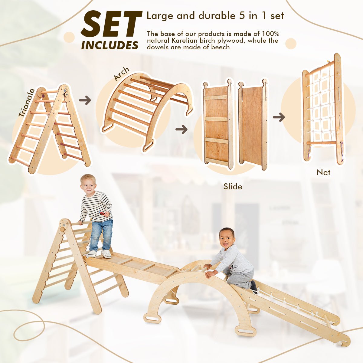 Montessori 4 in 1 Climbing Set: Triangle Ladder + Bridge/Shaking Nest + Slide/Ramp + Climbing Net