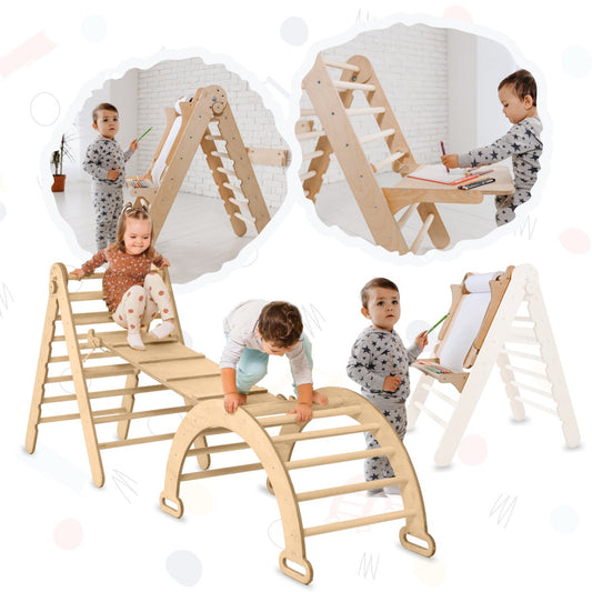 Montessori 4 in 1 Climbing Set: Triangle Ladder + Climbing Bridge + Slide/Ramp + Add Painting