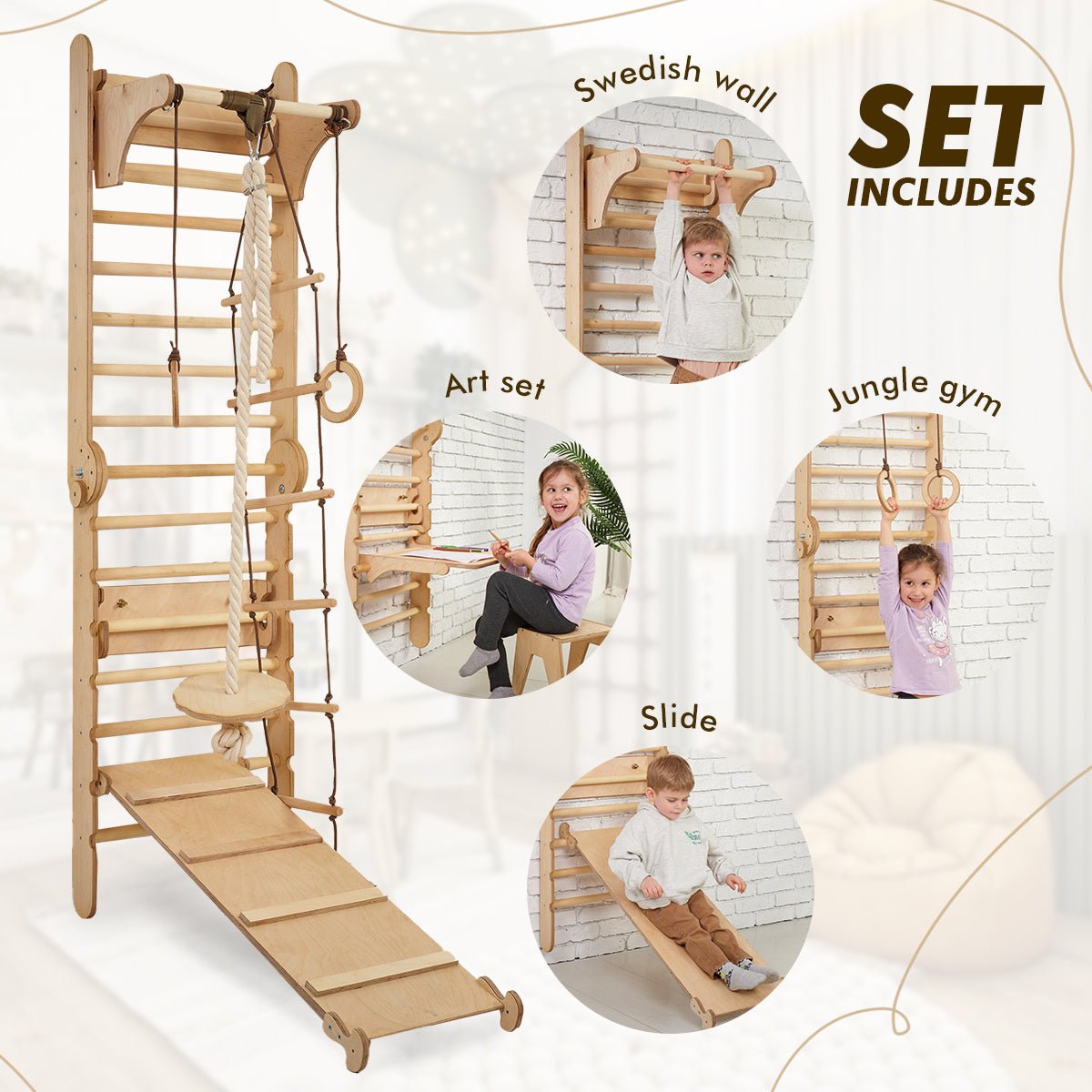 4 in 1 Wooden Swedish Wall / Children's Climbing Ladder + Swing Set + Slide/Ramp + Add Painting