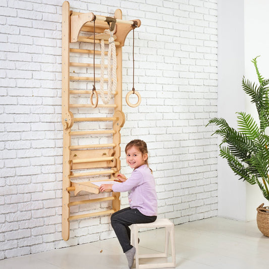 4 in 1 Wooden Swedish Wall / Children's Climbing Ladder + Swing Set + Slide/Ramp + Add Painting